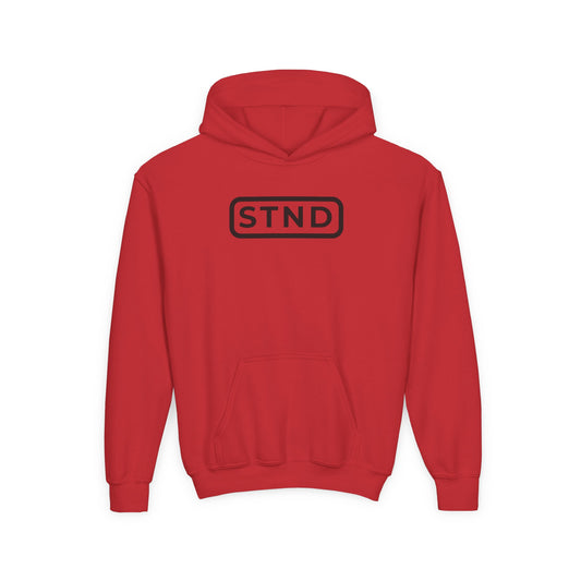 STND Youth Pullover Hoodie | Large Front Logo | Unisex Kids Sweatshirt | Red, White, Black, Navy & Heliconia